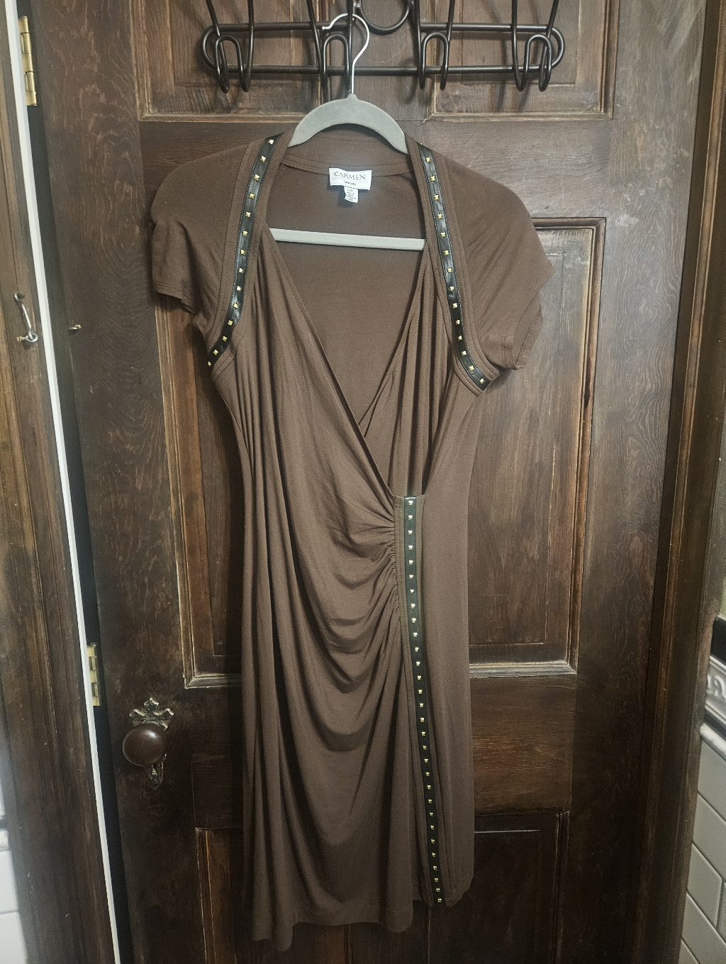 Hippest Dress Ever! Classic Roushing,Leather Trim & Gold Studs.Carmen M Valvo